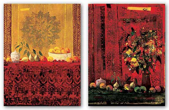 Mesa con Mantel Rojo-Jarron con Frutas Set by Joaquin Hidalgo