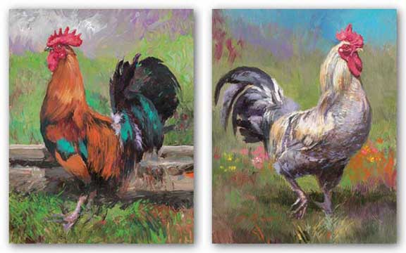 Purple Rooster and Red And Turquoise Rooster Set by Nenad Mirkovich