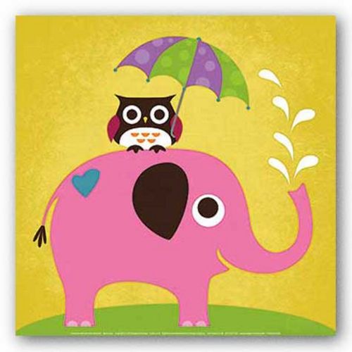 Elephant And Owl With Umbrella by Nancy Lee