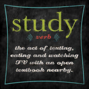 Study verb The act of texting eating and watching TV with an open book nearby by Stephanie Marrott