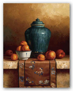 Ginger Jar with Peaches, Apricots and Tapestry by Loran Speck