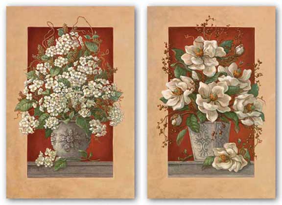 Magnolias En Rouge and Hydrangeas En Rouge Set by Janet Kruskamp